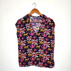 ModCloth WomensTiger Print Navy Hot Pink V- Neck  Top Size M